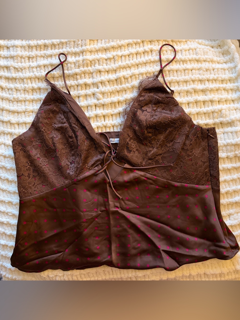 Brand New Abercrombie & Fitch Brown Lace Satin Cami with Pink Dot Accents